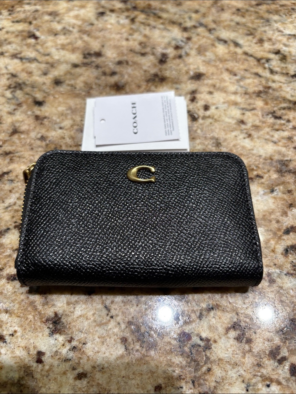 Coach Black Pebbled Leather Zip Card Case with Gold 'C'